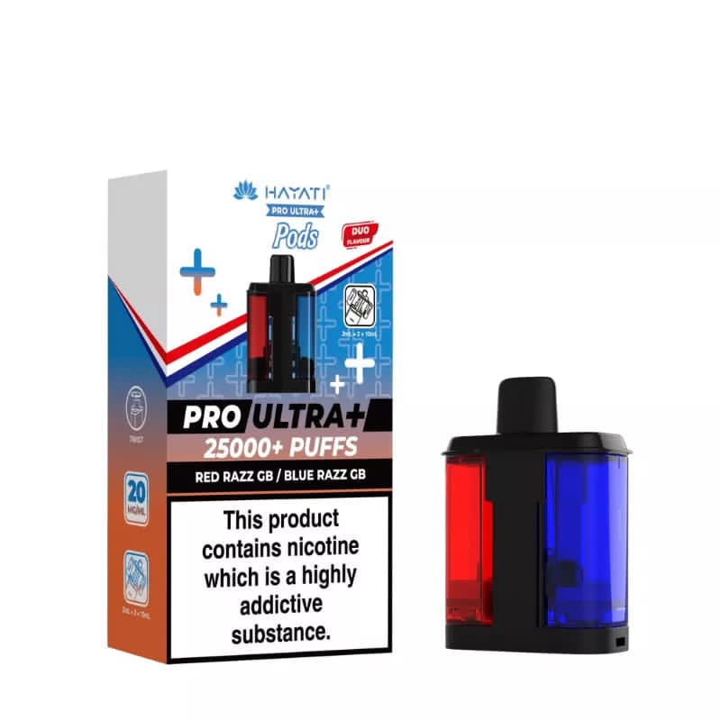 Hayati Pro Ultra+ 25000+ Puffs Pods – Red Razz GB / Blue Razz GB (20mg)