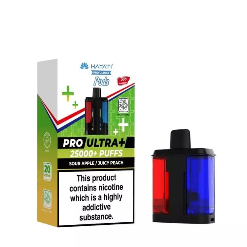 Hayati Pro Ultra+ 25000+ Puffs Pods – Sour Apple / Juicy Peach (20mg)